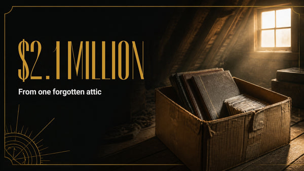A cardboard box of old card binders in a sunlit attic, with the headline $2.1 million from one forgotten attic