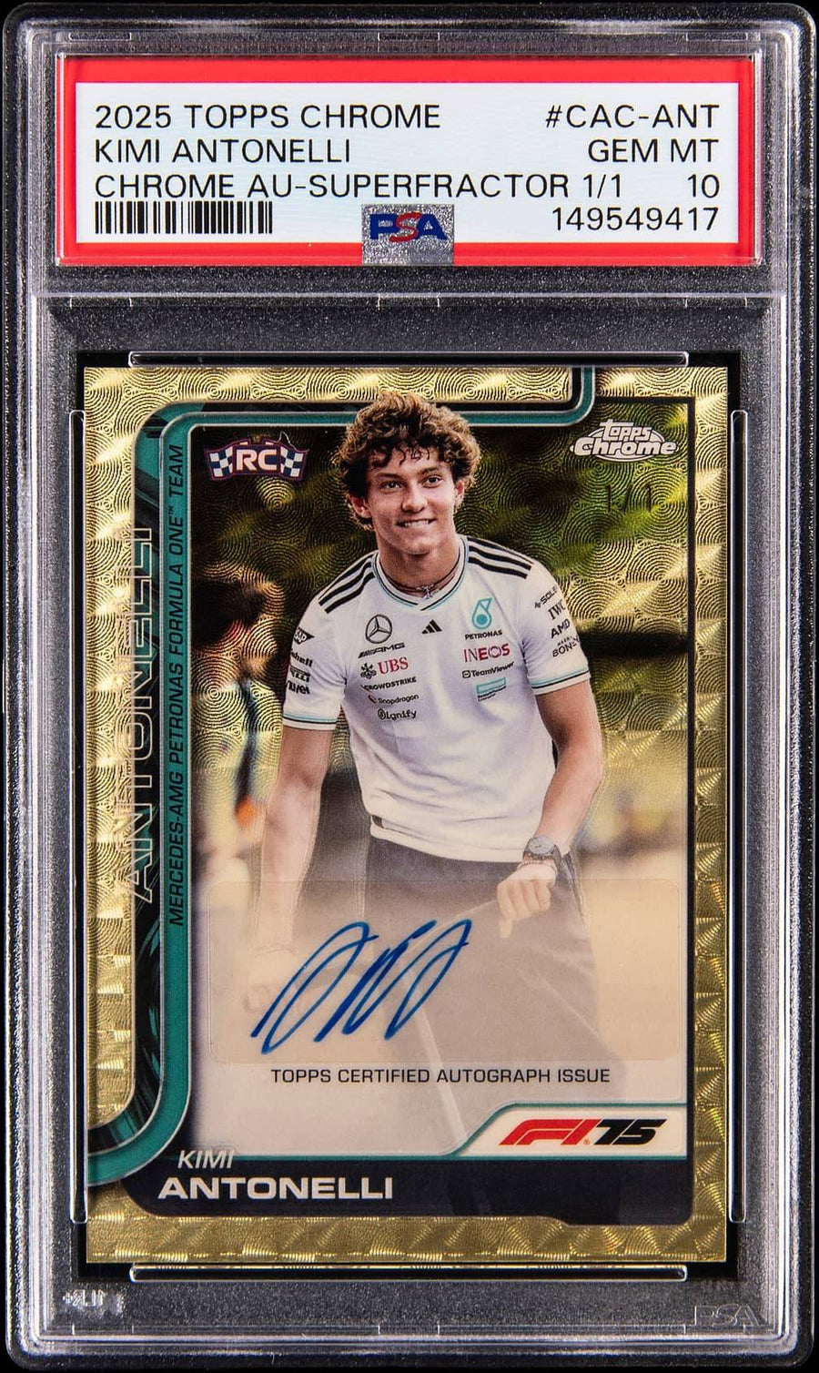 2025 Topps Chrome F1 Kimi Antonelli SuperFractor 1/1 PSA 10 (image: Goldin via Card Ladder)