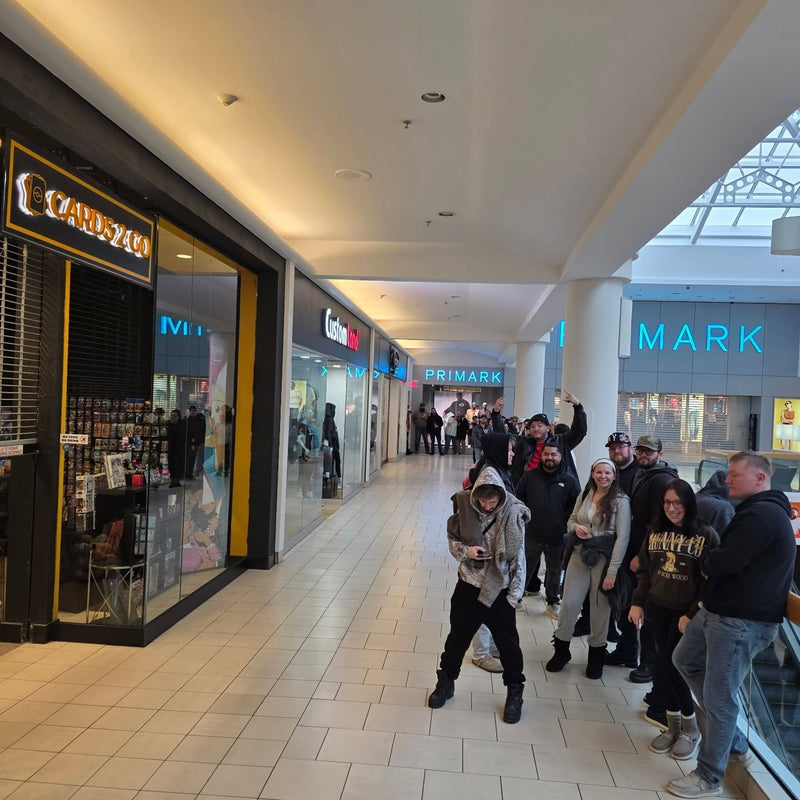 A long line of collectors waiting for Cards2Go to open